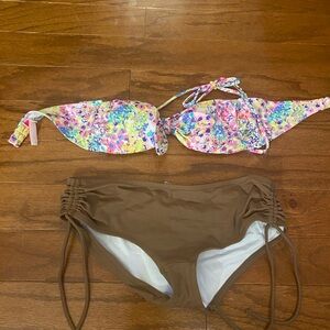 Victoria's Secret Bikini - Floral Multicolor Top and Brown Bottom
